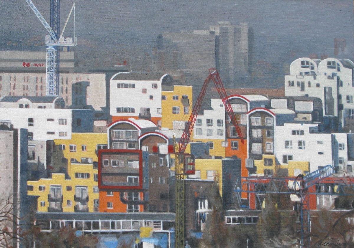 Oil Painting , Approaching Storm: London Docklands By Alison Chambers, 29 X 21, Artwork For Sale On Artfinder