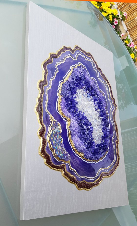 60x41cm. Amethyst geode wall art. Geode wall art, Gold, Purple ,Violet, Home decor, Resin painting