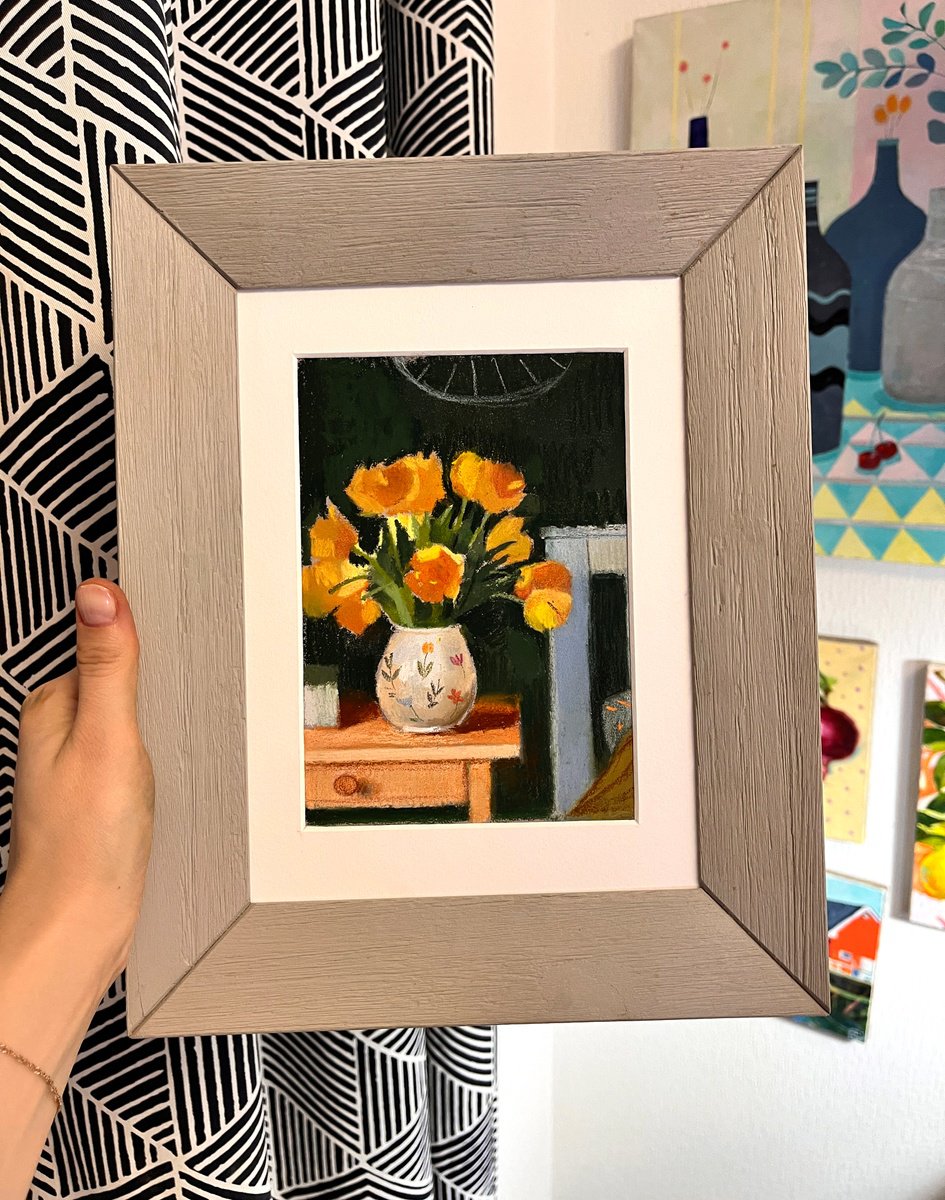 Miniature painting with yellow tulips 6,5x4.7