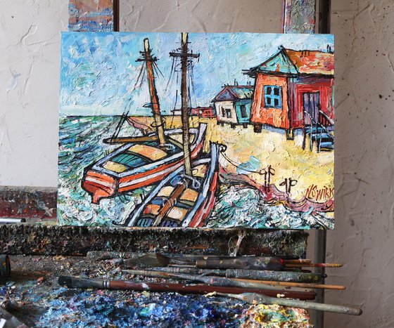 Boats and surf.