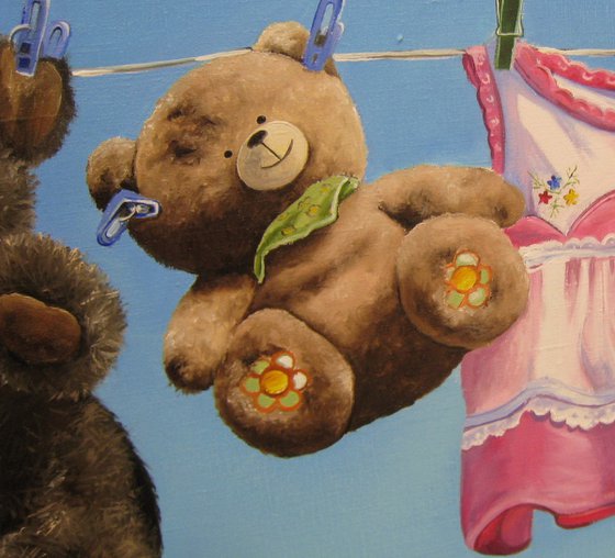 Adorable Nursery Wall Art: Serene Sky with Teddy Bears and Pink Bunny
