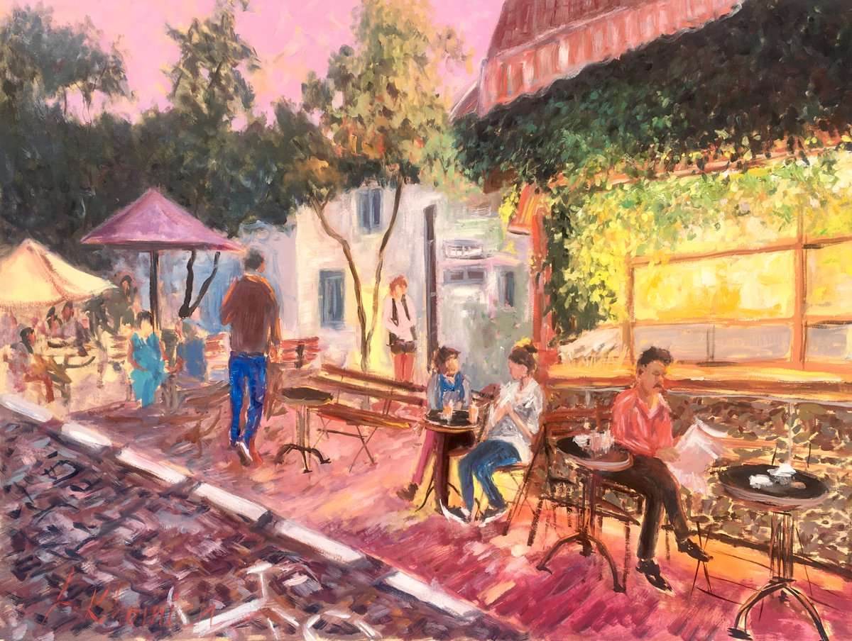 Expressive Cityscapes Oil Painting By Leo Khomich, 32 X 24", Night Cafe At South Tel Aviv, Original Artwork