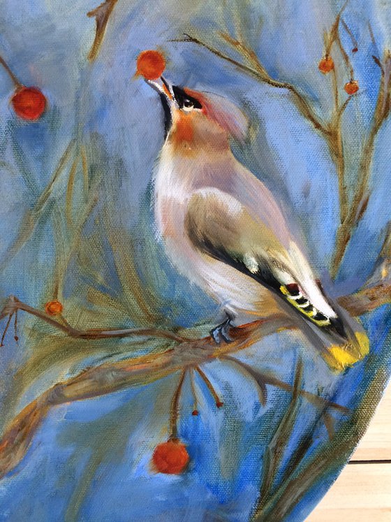 Birds oil painting - Waxwings ellipse canvas - Cozy wall art - Gift idea for bird lover