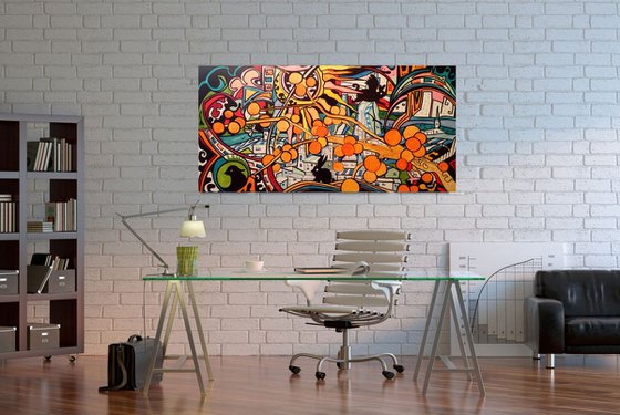 Orange cityscape #3 - Original acrylic painting- large size 100 x 50 cm ( 39' x 20')