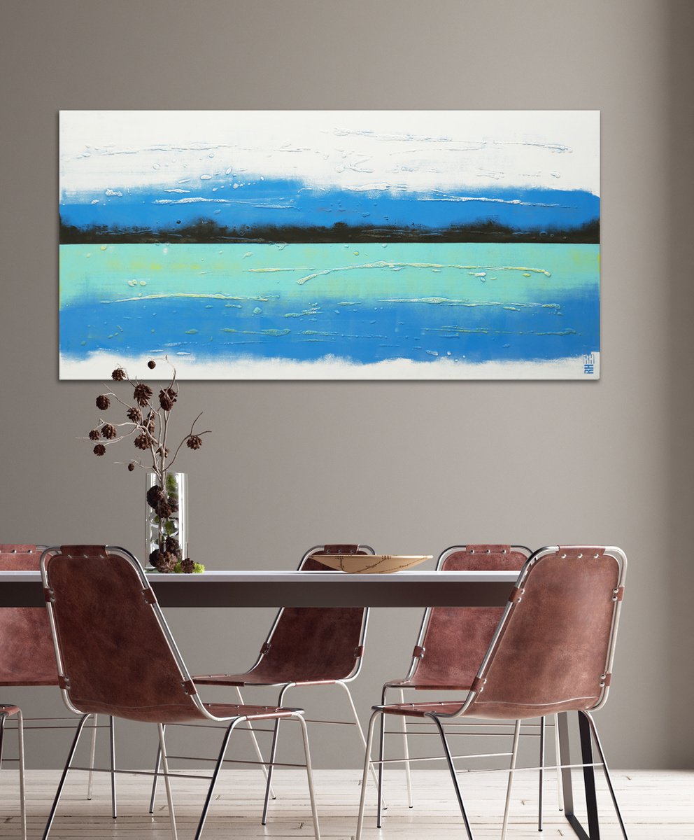Blue Lined landscape - Abstract painting by Ronald Hunter 140x70cm - 3A by Ronald Hunter