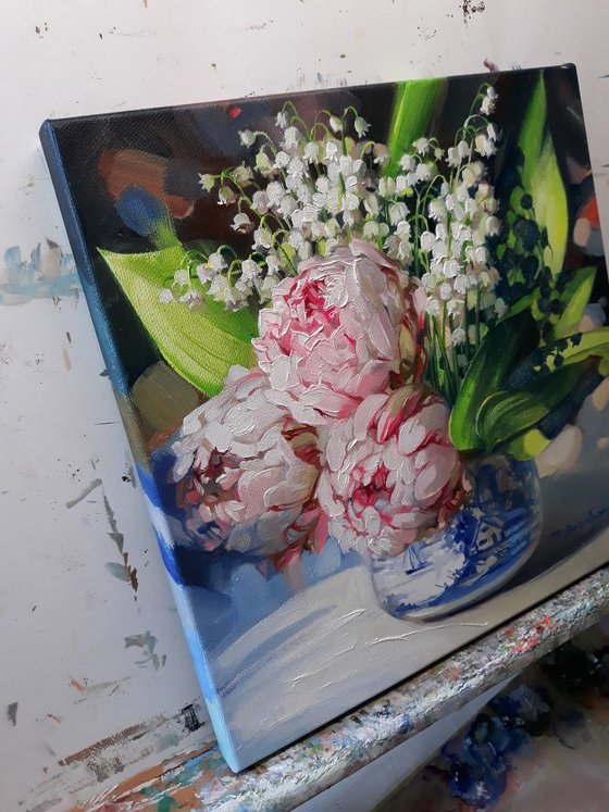 Lily of the valley and peonies flowers in the summer shine, Floral painting on canvas