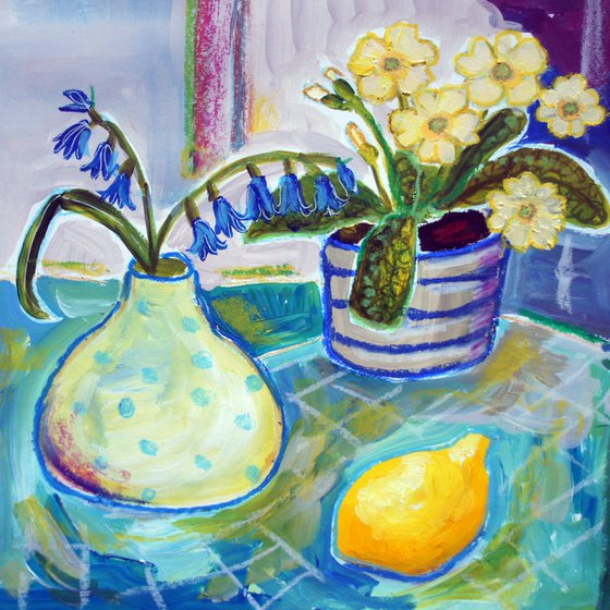 Blue bells and primrose still life