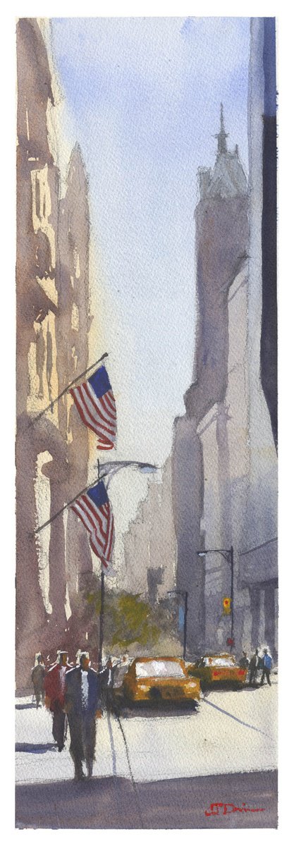 Impressionistic Cityscapes Watercolour By Cj Davis, 8 X 22, Nyc 53Rd And 5Th Avenue, Original Artwork