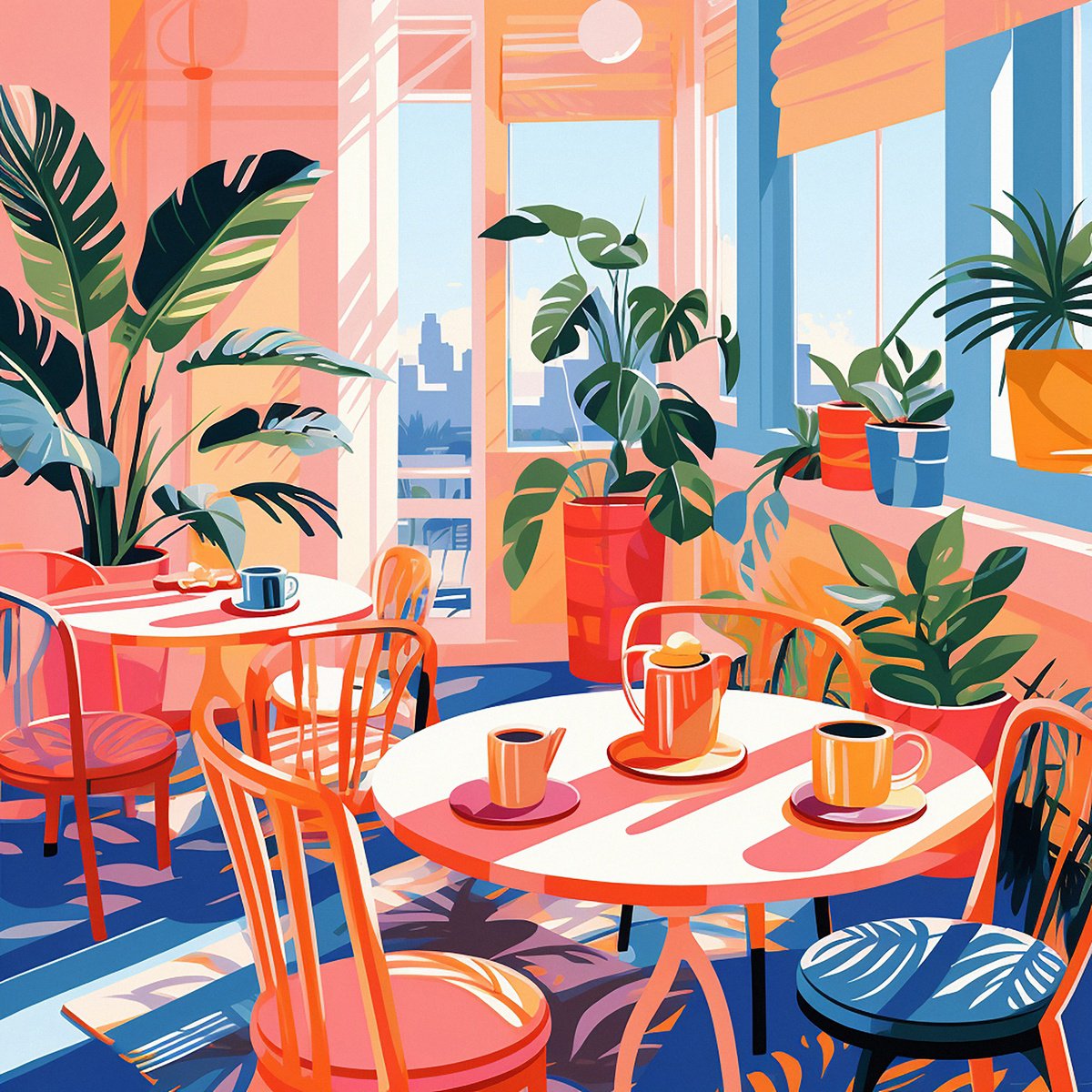 Impressionistic Cityscapes Acrylic Painting By Kosta Morr, 31 X 31", Morning Cafe Ii, Original Artwork