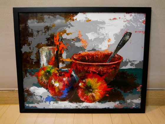 Still Life 2 Apples and iron pot FRAMED NATURE MORTE