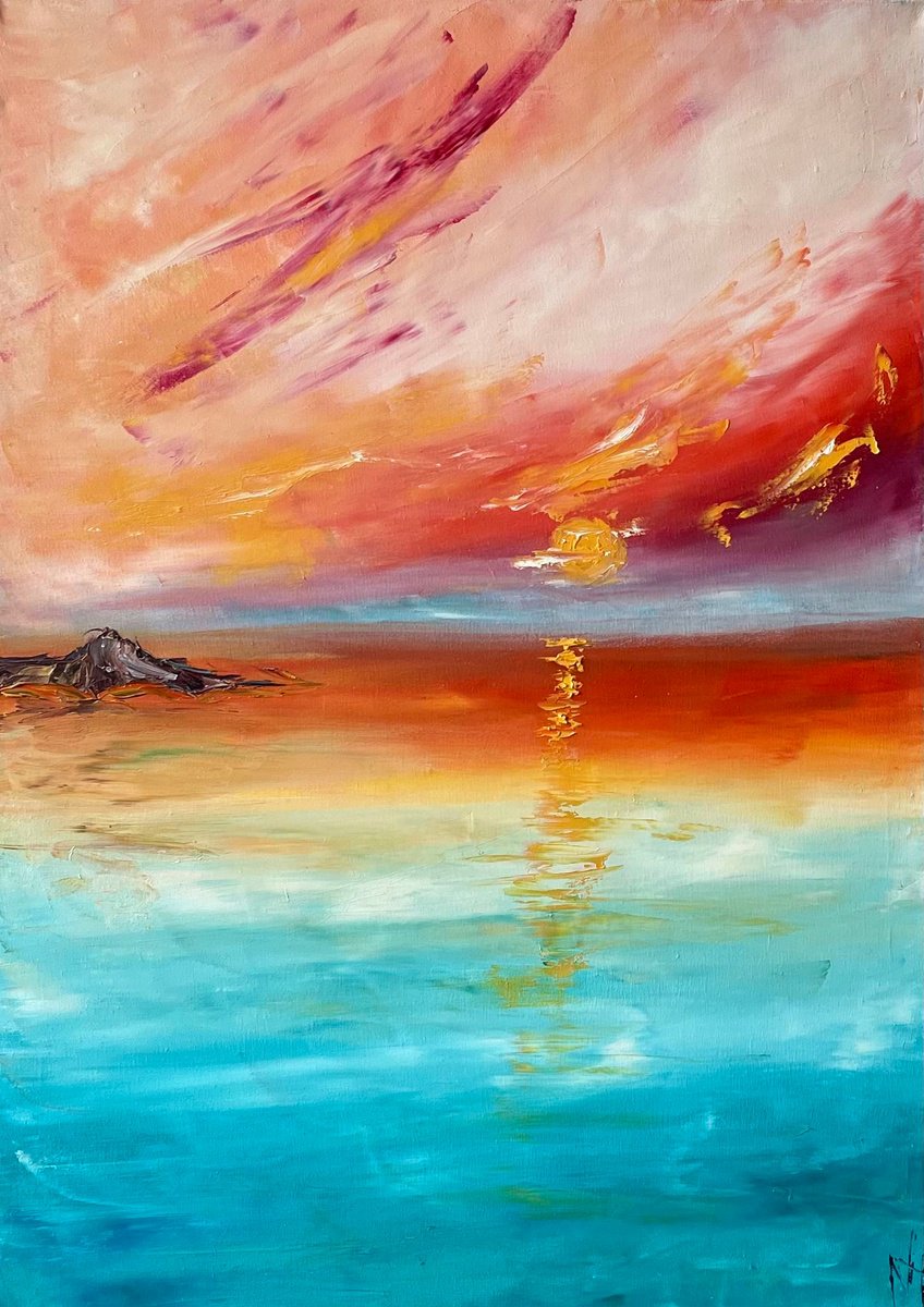 Abstract Landscape Oil Painting By Anastasiia Novitskaya, 20 X 28, Peach Sunset, Original Artwork