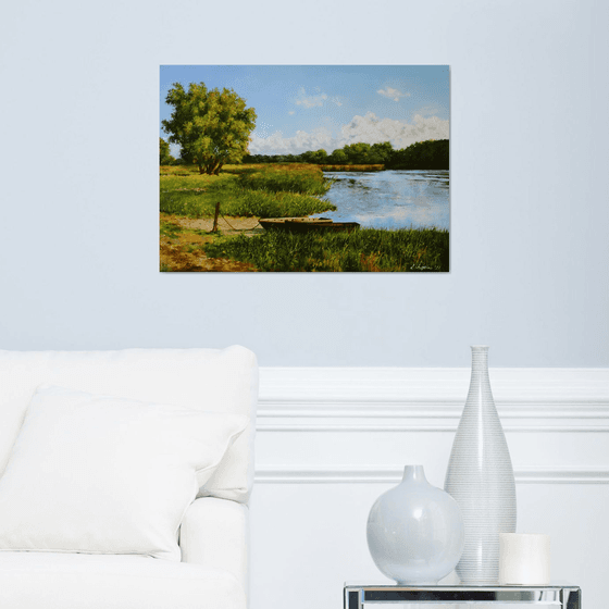 Old wooden boats on the river bank, Serene Summer Landscape