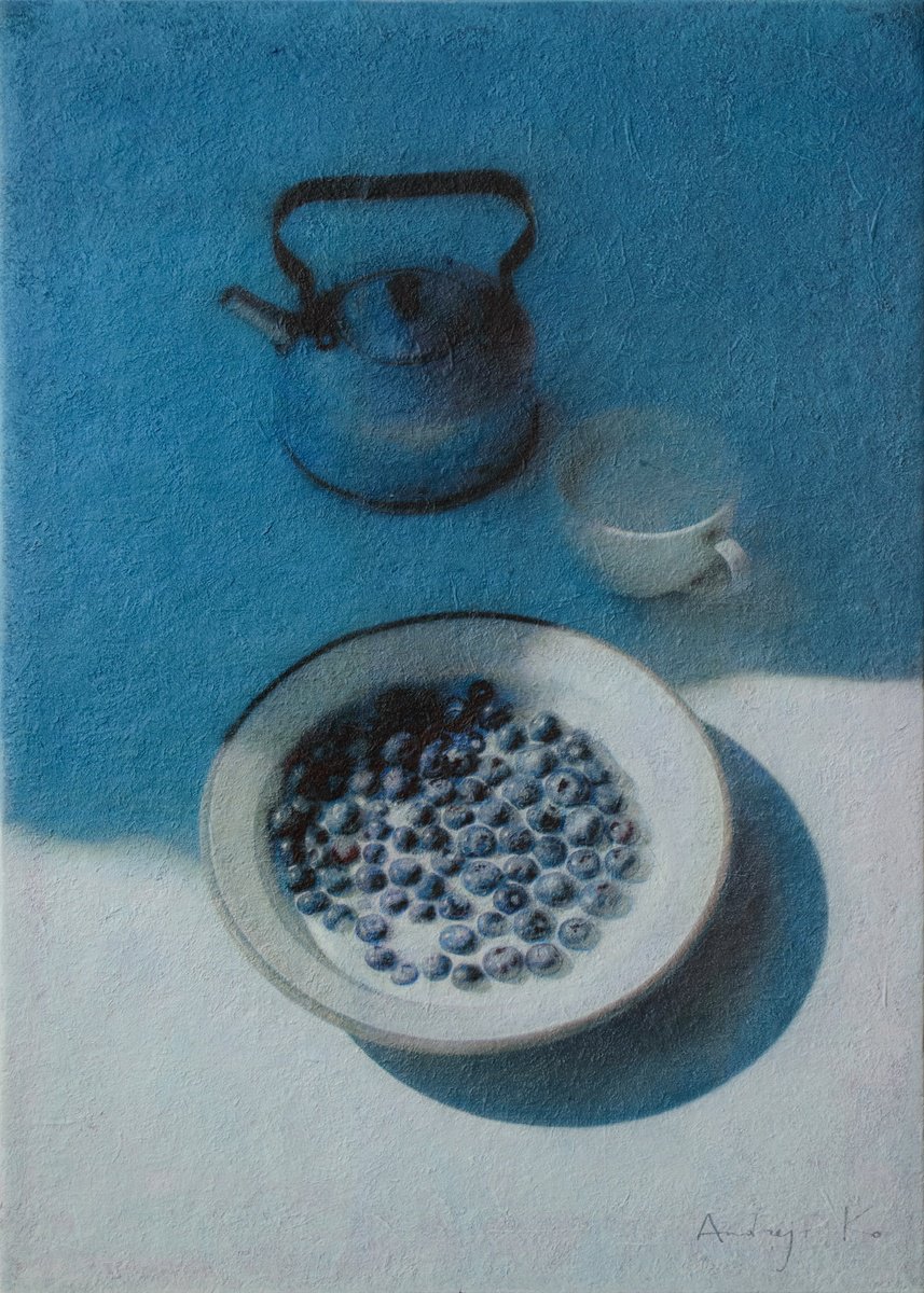 Photorealistic Still Life Acrylic Painting By Andrejs Ko, 20 X 28, Blueberries In Milk, Original Artwork