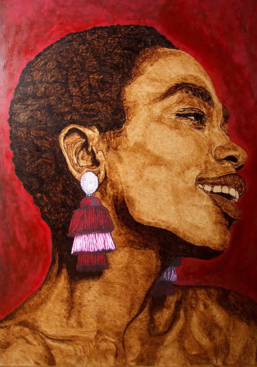 Expressive Portrait Painting By Milis Pyrography, 20 X 28", Smile, Original Artwork