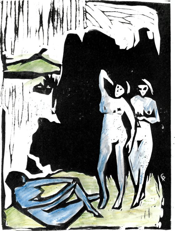 3 Bathing - Linoprint inspired by Ernst Ludiwg Kirchner