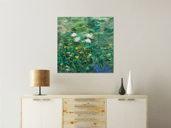 WATER LILY  - original oil landscape painting, summer, waterlily pond, green coloured