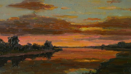 Sunset over the river - sunset painting