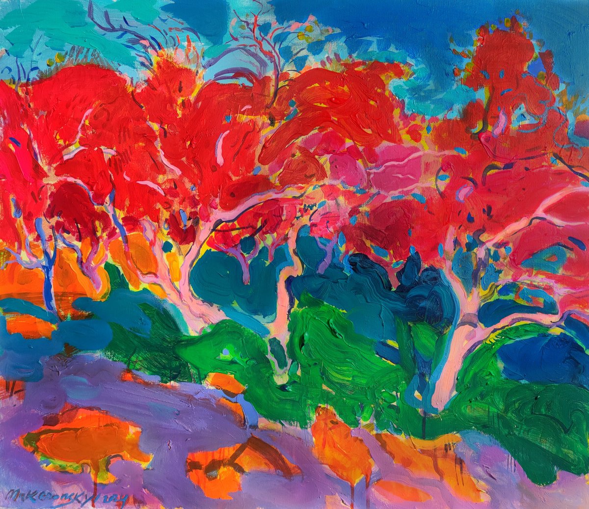 Impressionistic Landscape Acrylic Painting By Pavlo Makedonskyi, 28 X 24", Shadows In The Old Garden, Original Artwork