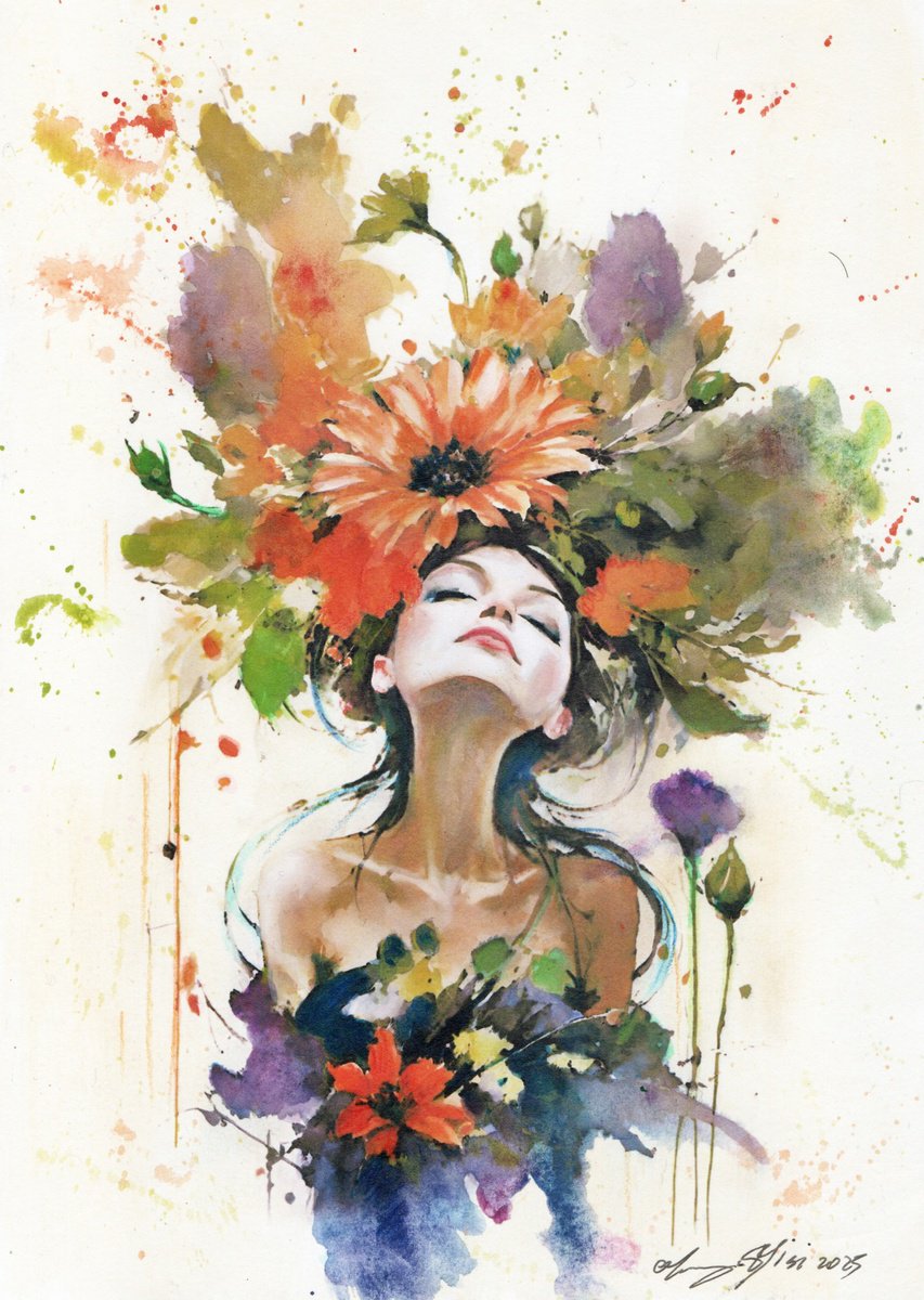 Urban And Pop Portrait Watercolour By Maurizio Puglisi, 8 X 11", Rosebud, Original Artwork