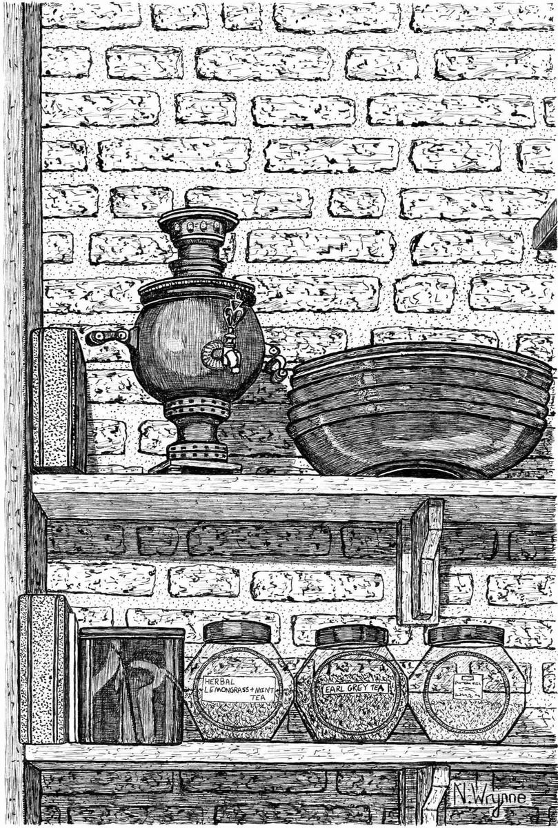 Pen and Ink Drawing - Shelves Of The Old Tea Shop by Neil Wrynne