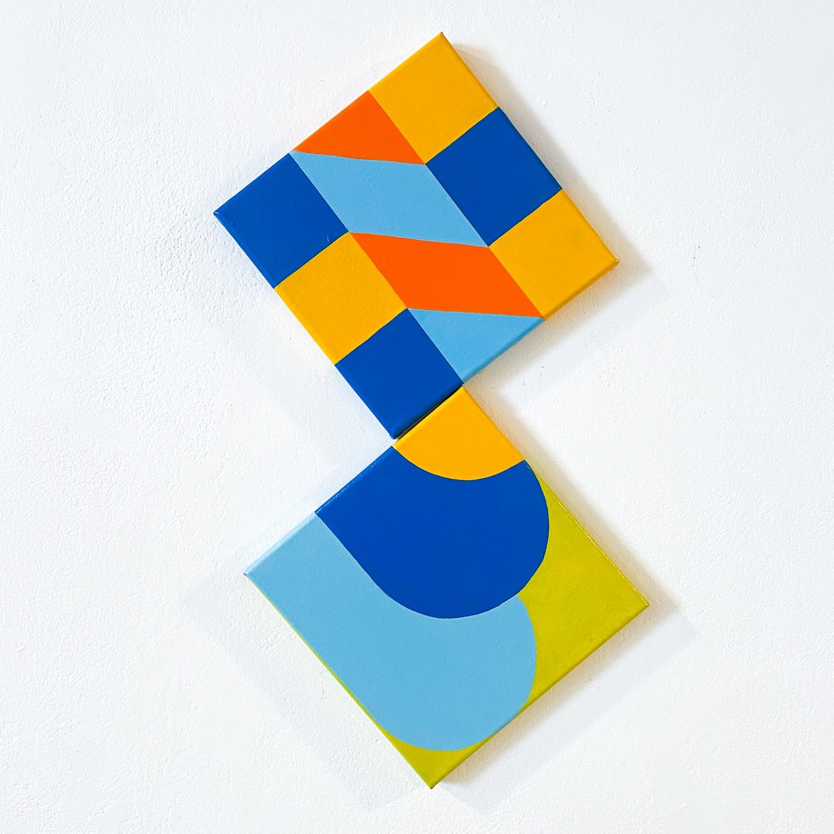 Geometric Cityscapes Acrylic Painting By Jessica Moritz, 16 X 8, Architecture Blue Meets Orange, Original Artwork