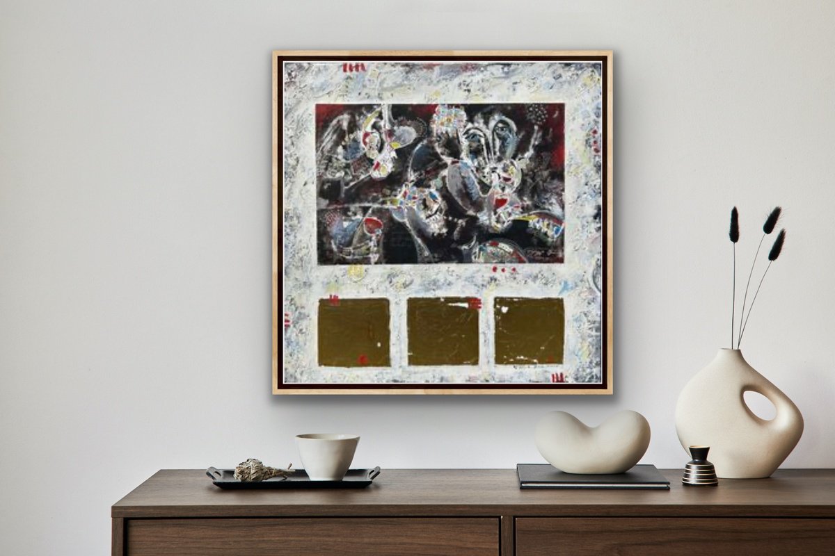 Abstract Painting By Gor Avetisyan, 28 X 28, Composition With Gold, Original Artwork