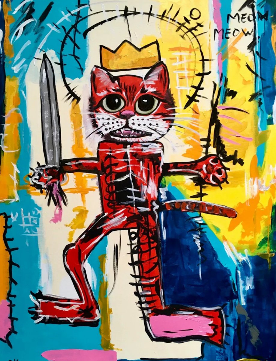 Expressive Animal Acrylic Painting By Olga Koval, 32 X 40", Red Cat Warrior #3, Original Artwork