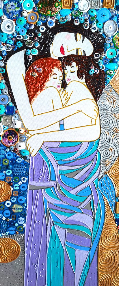 Twin mom portrait painting (Klimt inspired Mother and child). Natural precious stones & mosaic by BAST
