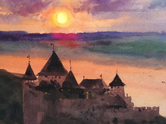 Khotyn fortress at sunset
