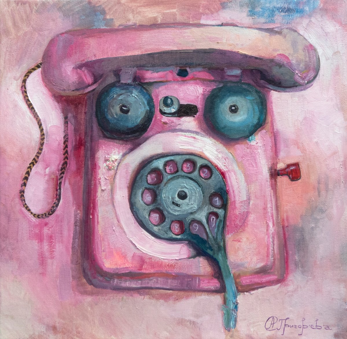 Surrealistic Landscape Oil Painting By Anastasiia Grygorieva, 24 X 24, Pink Phone, Original Artwork