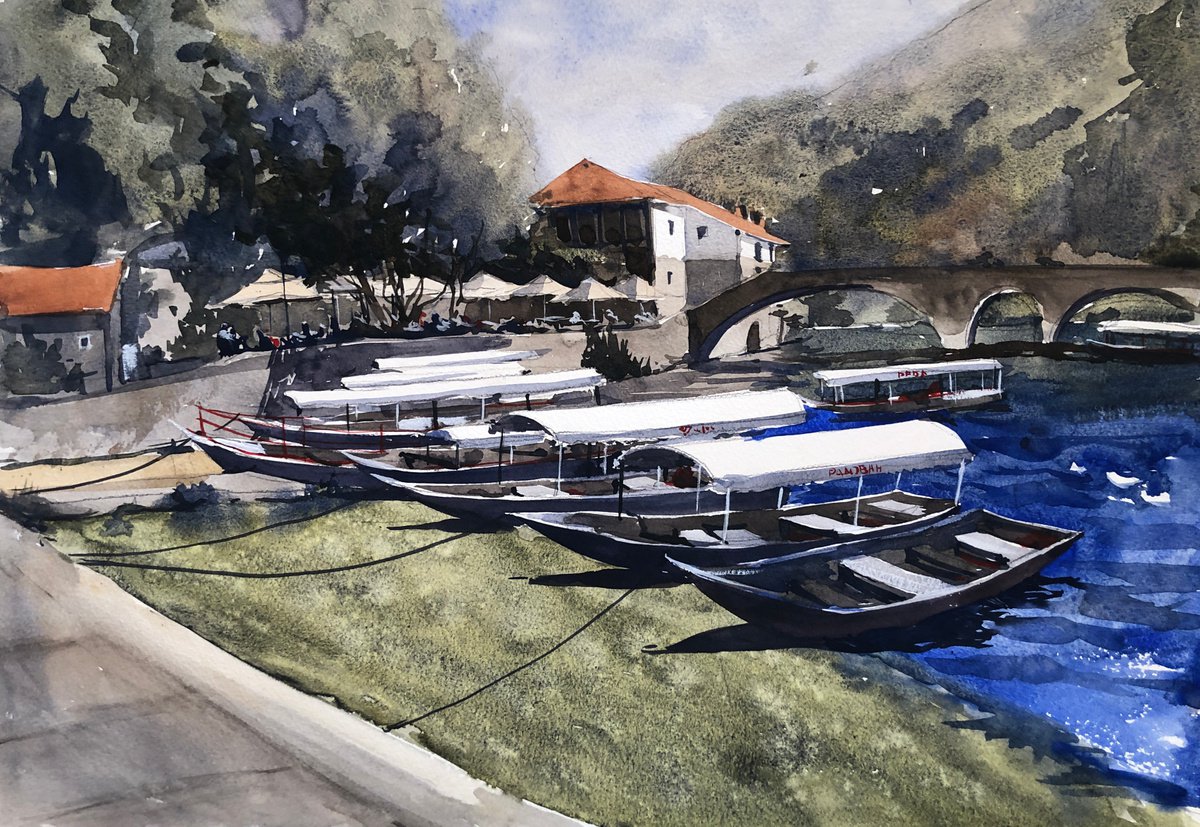 Landscape Watercolour By Olga Beloborodova, 20 X 14", River Boats, Original Artwork