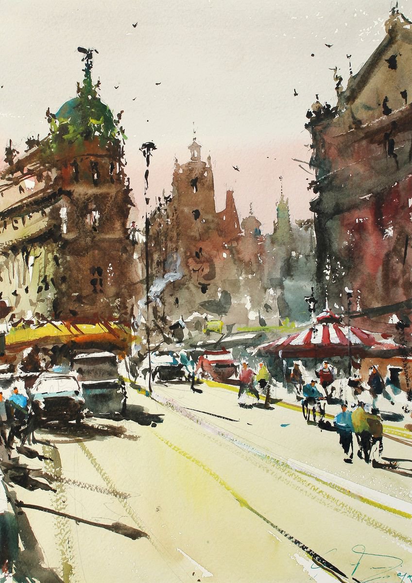 Impressionistic Cityscapes Watercolour By Maximo Damico, 11 X 15", Metropolis And Gran Via, Original Artwork