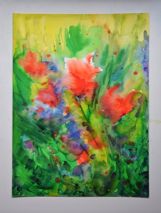 Abstract flowers watercolor painting, red poppies wall art, abstract original painting