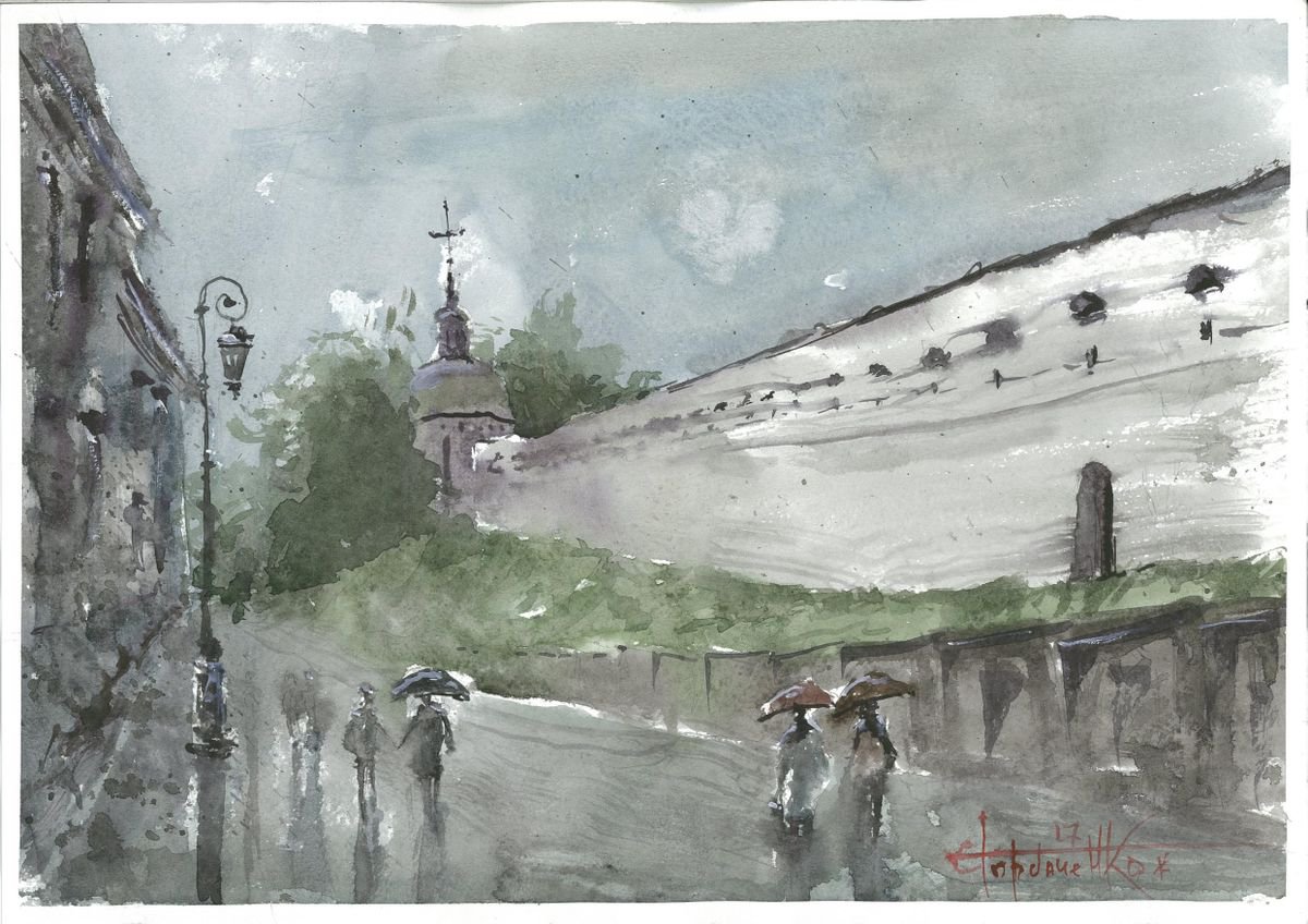 Impressionistic Cityscapes Watercolour By Eugene Gorbachenko, 17 X 12, Rain In Kiev 2, Original Artwork