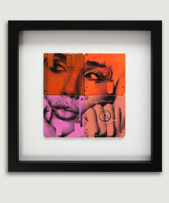 Day Dreamer Orange - Unique piece 33 cm Framed artwork - Floppy Disk - 1980's