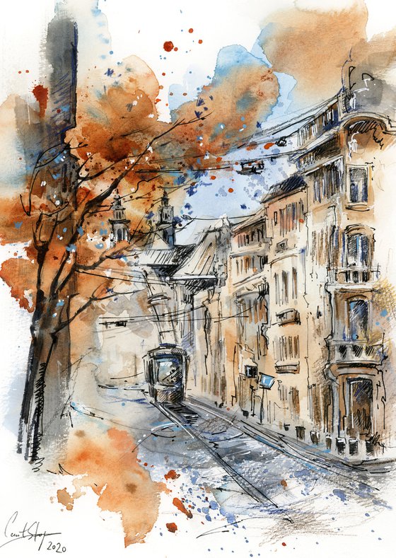 Architecture Sketch - Street and Autumn tree