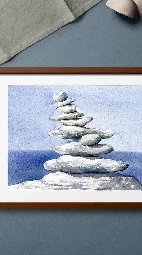 Pyramid of stones. Original watercolor artwork. by Evgeniya Mokeeva