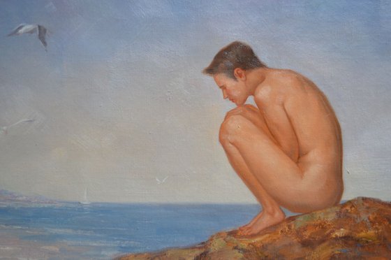 Original Oil painting art male nude boy in seaside  on linen  #16-4-5-01