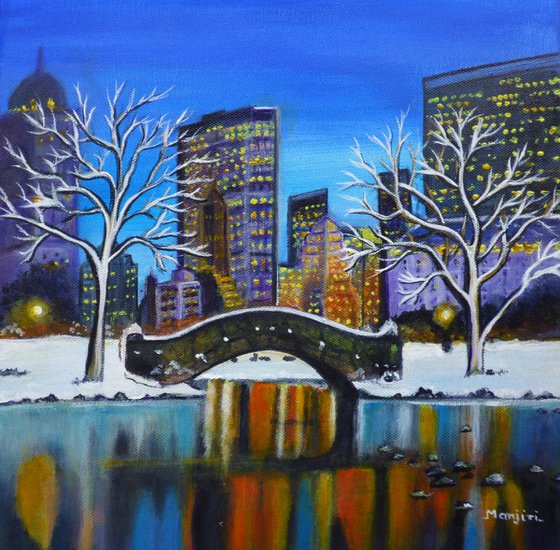 Winter In New York- Night Landscape vibrant colorful luminous art on sale