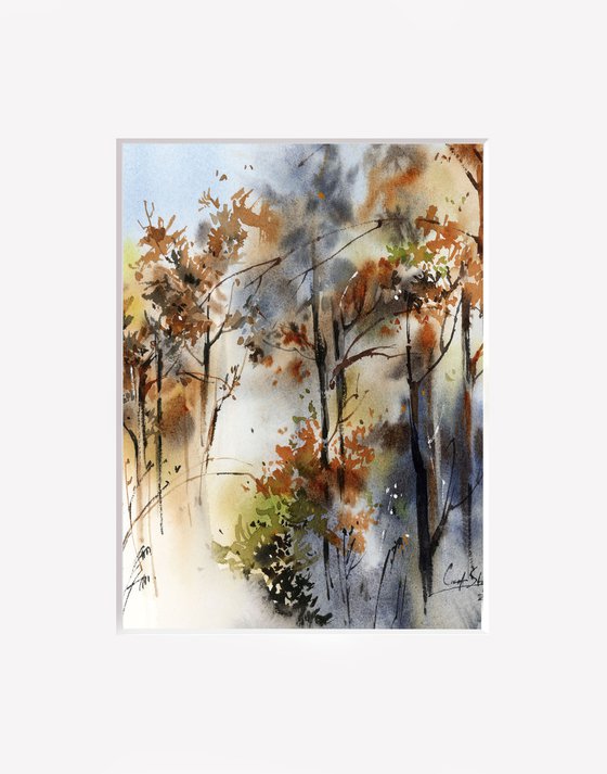 Forest Landscape Nature Watercolor Painting, Trees Painting