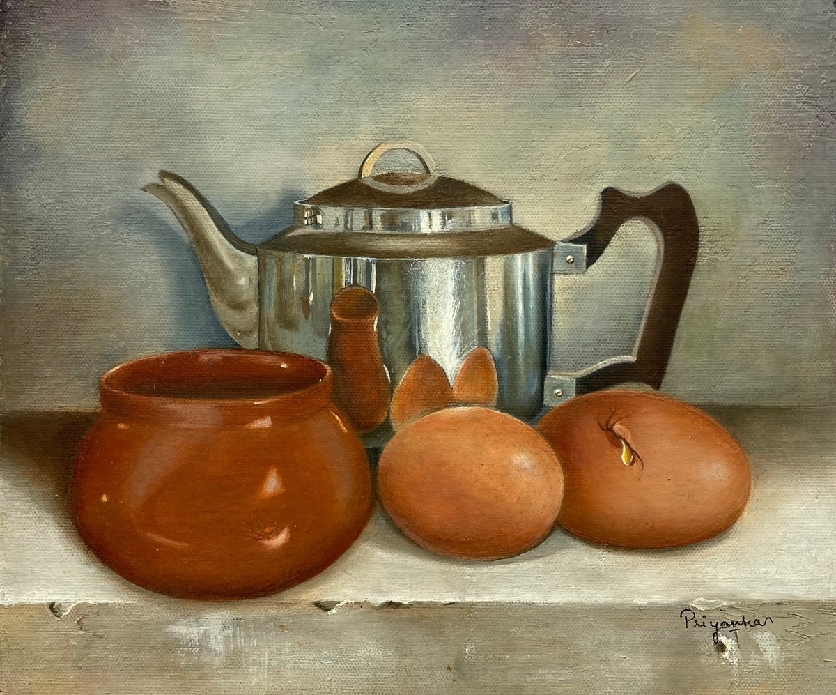 Photorealistic Still Life Oil Painting By Priyanka Singh, 12 X 10", Teapot & Eggs, Original Artwork