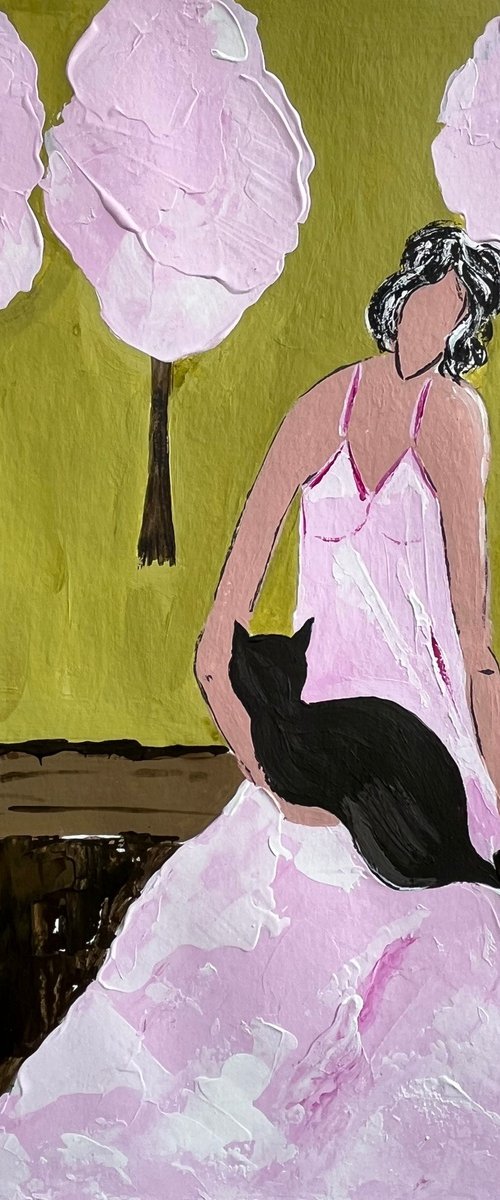 Woman Cat Painting by Halyna Kirichenko