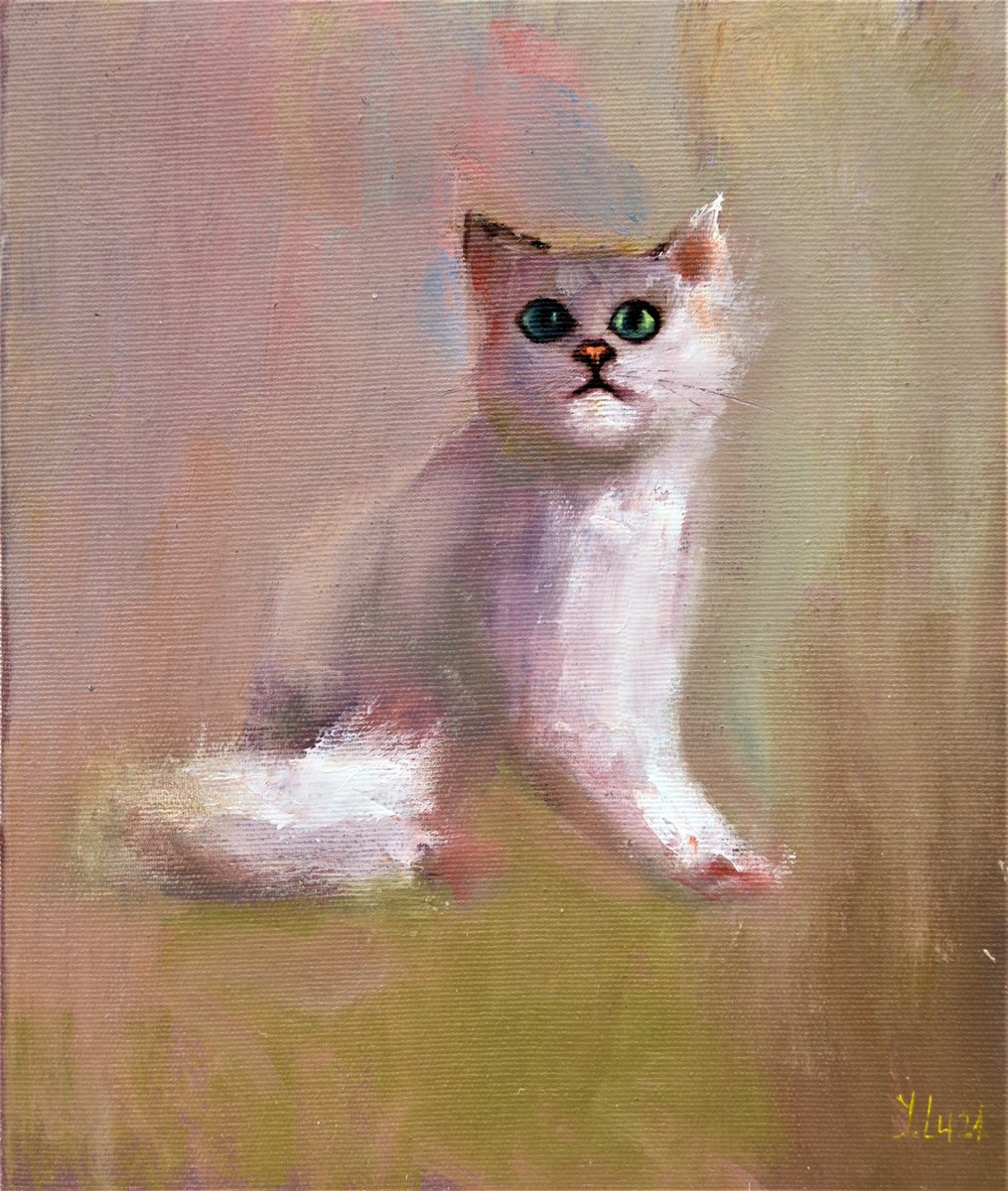 Impressionistic Animal Oil Painting By Elena Lukina, 10 X 12, White Fluffy, Original Artwork