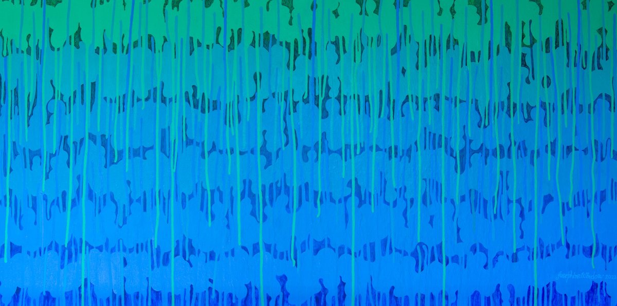 Organic Abstract Acrylic Painting By Josephine Window, 48 X 24", Turquoise Deeps 3, Original Artwork