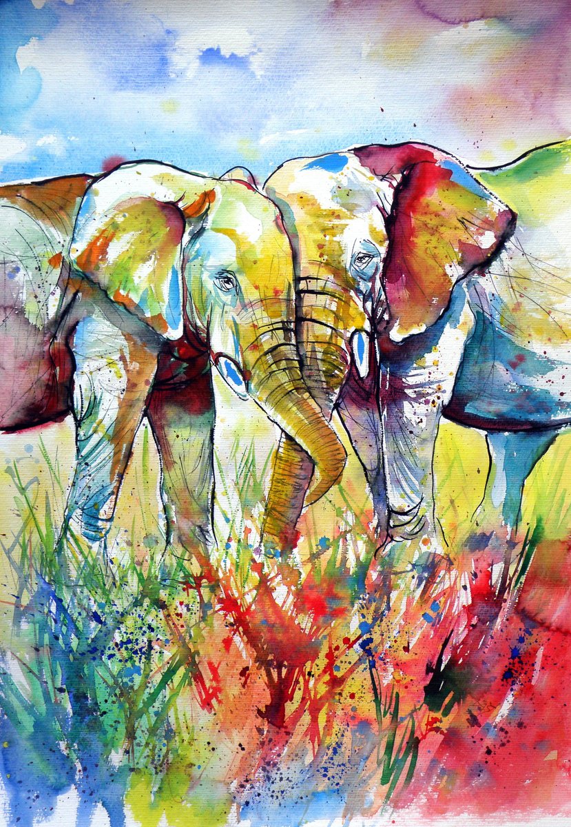 Impressionistic Watercolour , Colourful Elephants In Love By Kovacs Anna Brigitta, 16 X 23, Artwork For Sale On Artfinder