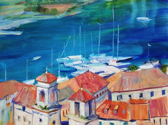 Roofs . 60x80 cm. Panorama view of the ancient town of Kotor . Italian architecture