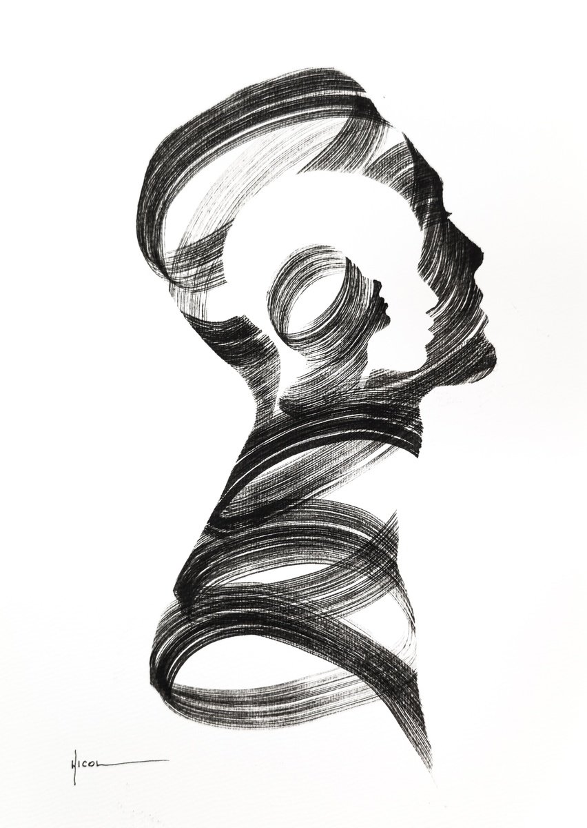 Expressive Portrait Ink Drawing By Nicol Vacaru, 11 X 15", The Memory Inside, Original Artwork
