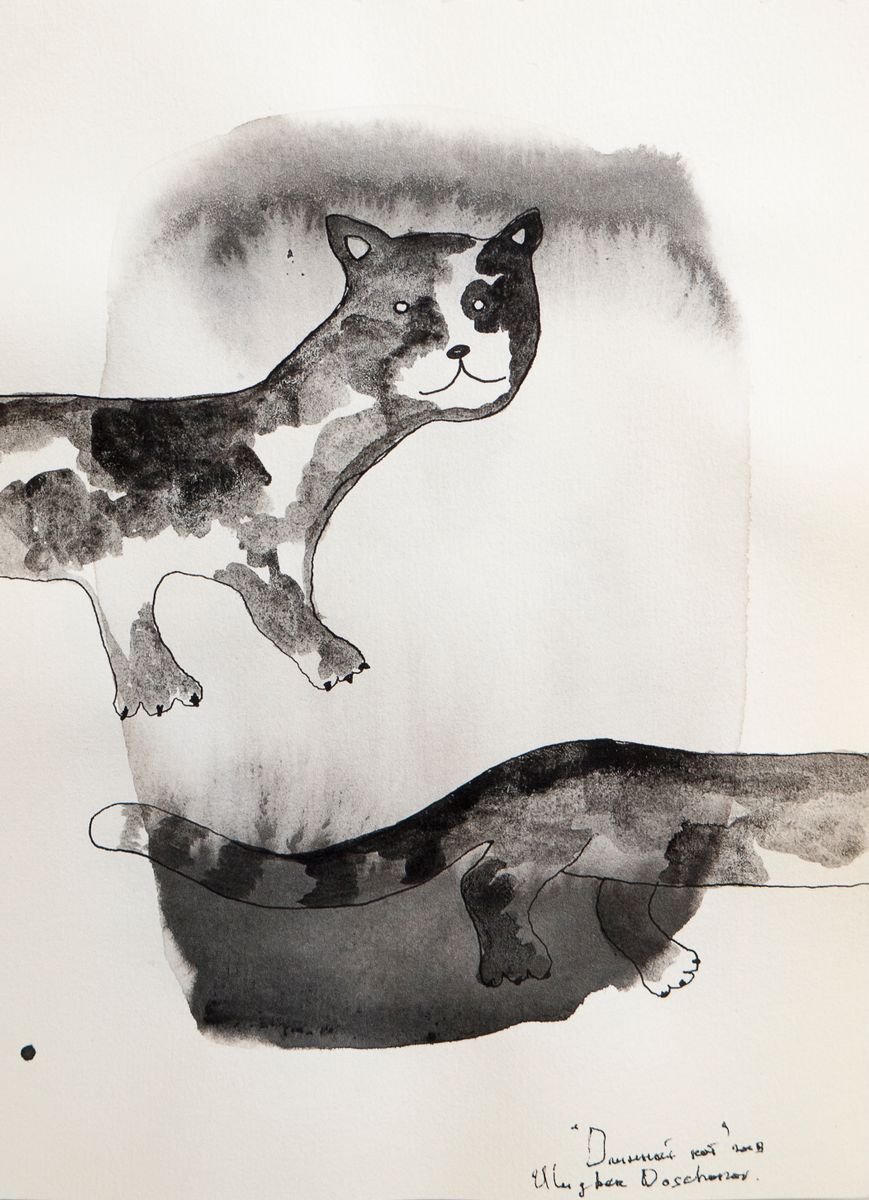 Long cat. small ink drawing on paper by Ulugbek Doschanov