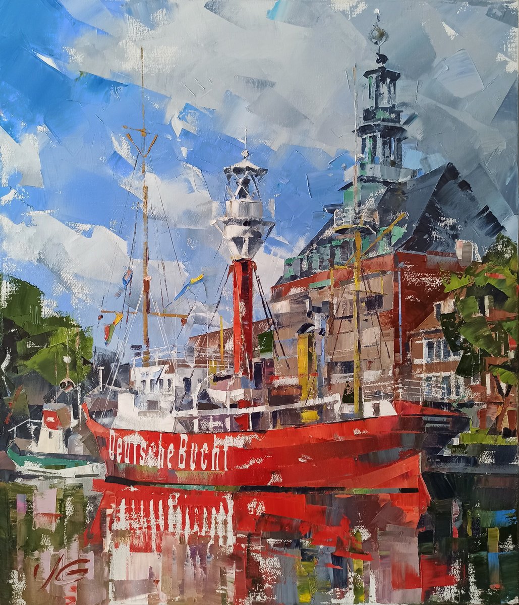 Custom oil painting Light Ship AMRUMBANK near Rathaus Emden, Deutsche Bucht in the canal... by Volodymyr Glukhomanyuk