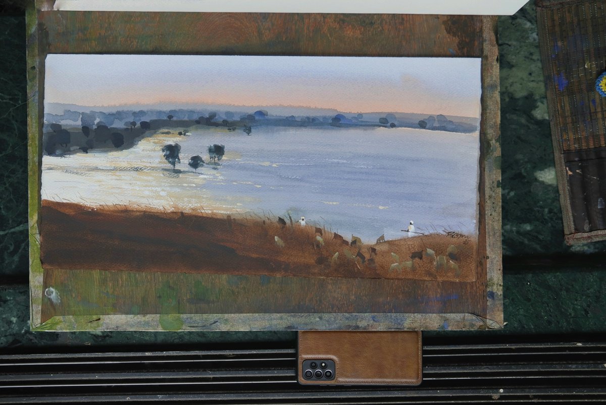 Impressionistic Landscape Watercolour By Prashant Prabhu, 22 X 11", Evening Glitter, Original Artwork